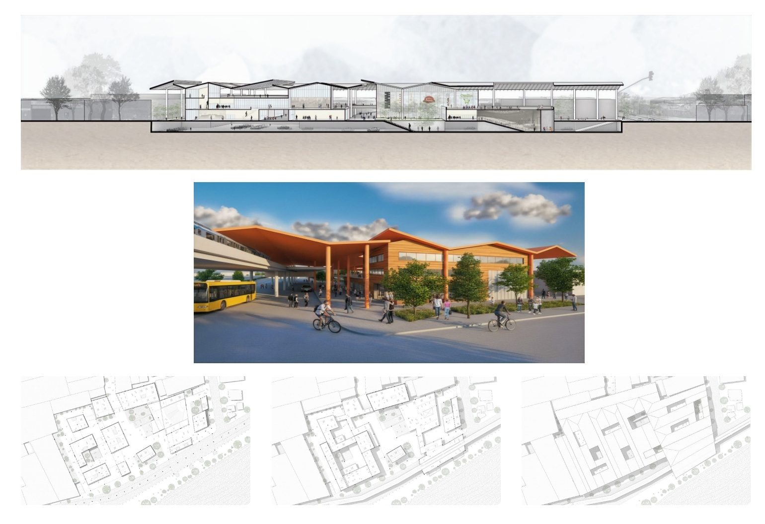 Urban constellation: Hub section, street-level render, and t